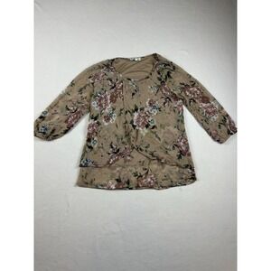 Blousology Women Tan Floral Metallic Stripe Layered Tulip Hem Blouse Size Medium